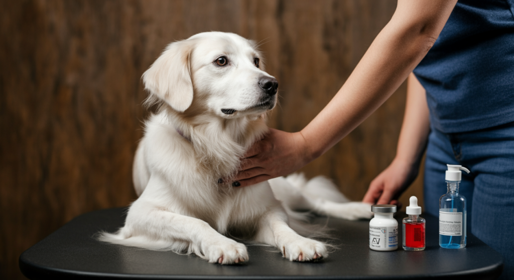 Educating viewers on the essential aspects of maintaining optimal skin and coat health in dogs, featuring both preventive measures and care practices through a detailed and visually appealing setup.