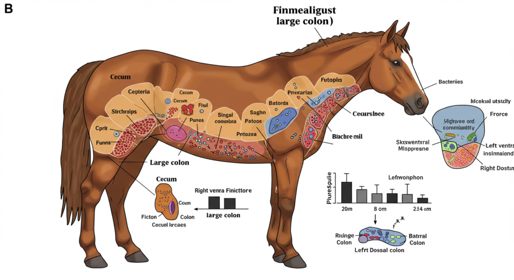 Hindgut fermentation, horse digestion, equine digestion, horse nutrition, horse gut microbiome, horse health, horse care, volatile fatty acids, VFAs